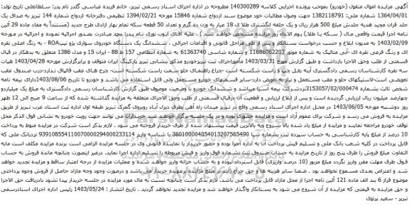 آگهی مزایده ششدانگ یک دستگاه خودروی سواری پژو تیپROA 