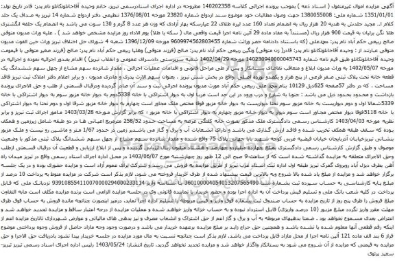 آگهی مزایده ششدانگ یک قطعه خانه تحت پلاک ثبتی صفر فرعی از پنج هزار و یکصدو نوزده اصلی