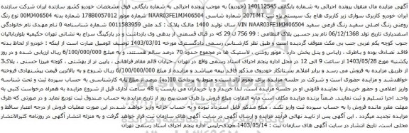 آگهی مزایده  هاچ بک سیستم پژو تیپ 207I-MT