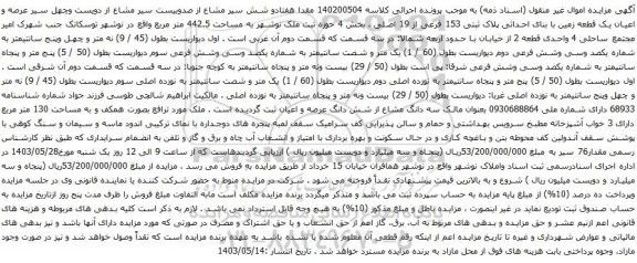 آگهی مزایده مقدا هفتادو شش سیر مشاع از صدوبیست سیر مشاع از دویست وچهل سیر عرصه و اعیان یک قطعه زمین با بنای احداثی پلاک ثبتی 153 فرعی از 19 اصلی