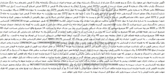 آگهی مزایده یک دانگ و پنج هفتم دانگ مشاع از ششدانگ باستثناء بهای ثمن عرصه و اعیان ششدانگ یکبابخانه پلاک 2