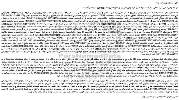 مزایده فروش ملک به شماره پلاک ثبتی 30 فرعی از 1023 اصلی مفروز و مجزی شده از 5 فرعی از اصلی