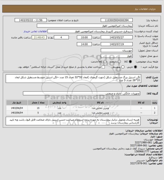 استعلام لگن استیل بزرگ مستطیل شکل (جهت گرمچال )ابعاد 52*32 تعداد 15 عدد --لگن استیل متوسط مستطیل شکل ابعاد 33*26 تعداد 5 عدد