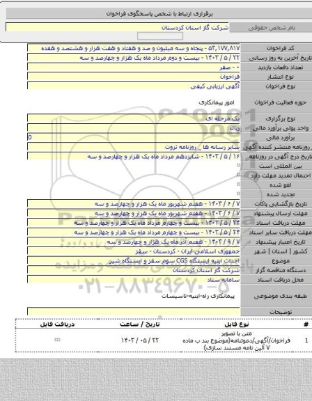 مناقصه, احداث ابنیه ایستگاه CGS سوم سقز و ایستگاه شیر