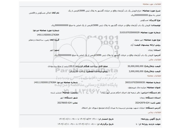 مزایده، فروش یک باب آپارتمان واقع در خیابان گلشهر به پلاک ثبتی 15099فرعی از یک اصلی به مبلغ 30000000000ریال