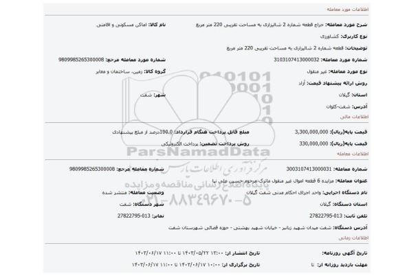 مزایده، قطعه شماره 2 شالیزاری به مساحت تقریبی 220 متر مربع