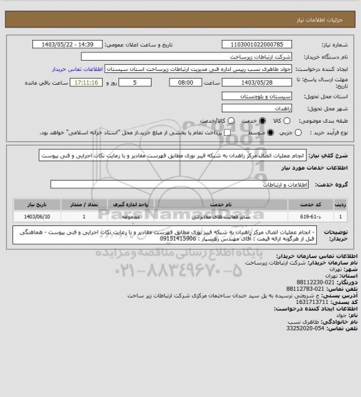 استعلام انجام عملیات اتصال مرکز زاهدان به شبکه فیبر نوری مطابق فهرست مقادیر و با رعایت نکات اجرایی و فنی پیوست