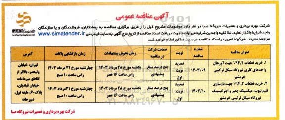 مناقصه عمومی خرید قطعات v94.2 جهت اورهال واحدهای گازی نیروگاه.... تمدید 