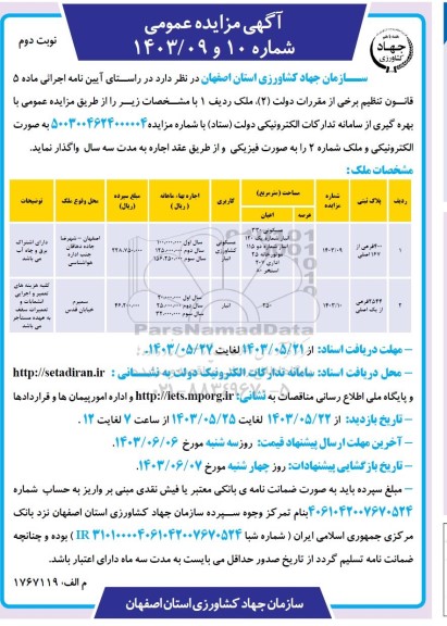 مزایده واگذاری ملکی مسکونی و انبار- نوبت دوم
