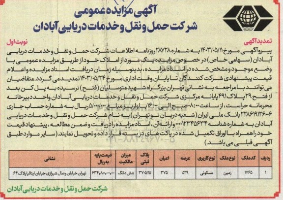 تمدید مزایده یک مورد از املاک