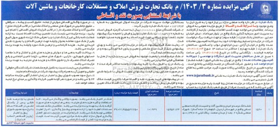 مزایده فروش املاک و مستغلات، کارخانجات و ماشین آلات