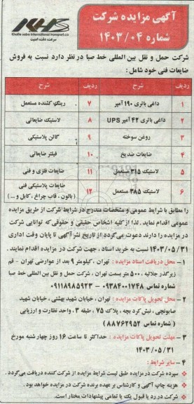 مزایده فروش داغی باتری 190 آمپر و ... 