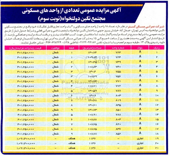آگهی مزایده فروش تعدادی از واحدهای مسکونی و تجاری - نوبت سوم