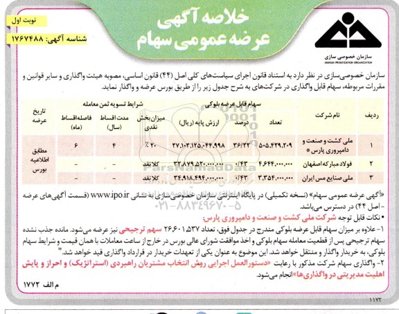 خلاصه آگهی عرضه عمومی سهام