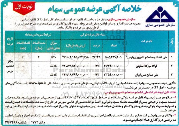 مزایده آگهی عرضه عمومی سهام