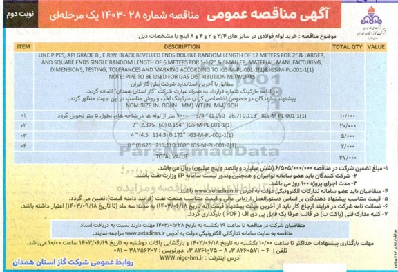 مناقصه خرید لوله فولادی در سایزهای 3/4 و 2 و 4 و 8 اینچ - ​​​​​​​نوبت دوم 