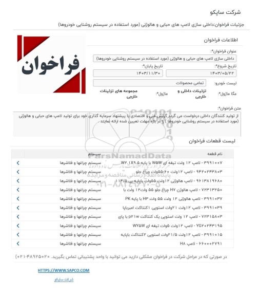  فراخوان داخلی سازی لامپهای حبابی و هالوژنی