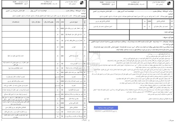 استعلام تعیین پیمانکار شناور (اجرای فیبر نوری و کابل مسی) جهت شهرستانهای جیرفت و توابع - عنبرآباد و توابع- کهنوج و توابع
