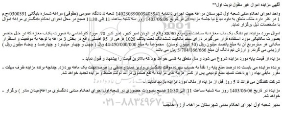 مزایده فروش نیم دانگ یک باب مغازه به مساحت مترمربع 88/90 