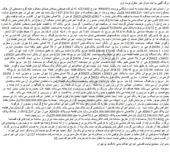 مزایده فروش پلاک ثبتی بشماره 20617و20620و20623 فرعی از 70اصلی