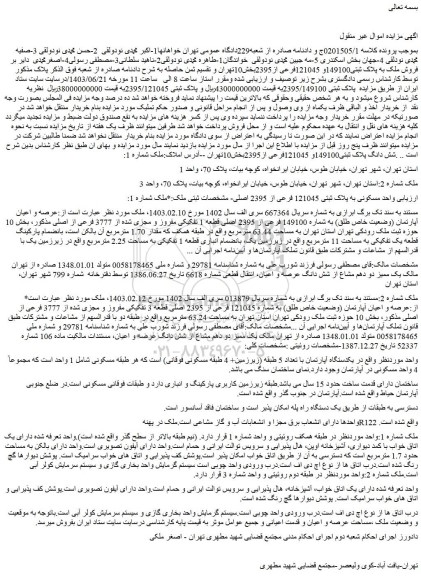 مزایده فروش ملک به پلاک ثبتی149100و 121045فرعی از2395
