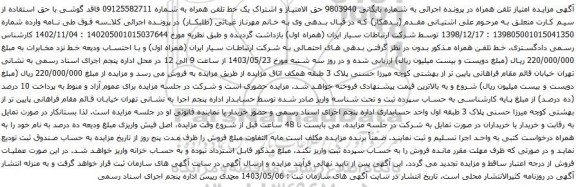 آگهی مزایده  حق الامتیاز و اشتراک یک خط تلفن همراه