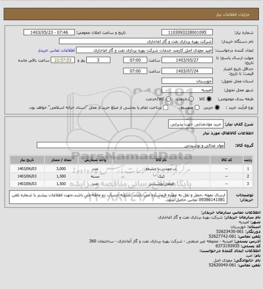 استعلام خرید موادغذایی جهت پذیرایی