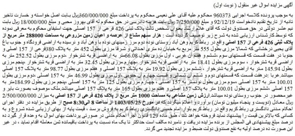 مزایده فروش هزار سهم مشاع از عرصه و اعیان زمین مزروعی به مساحت 288000 متر مربع از پلاک ثبتی 426 فرعی از 157 اصلی