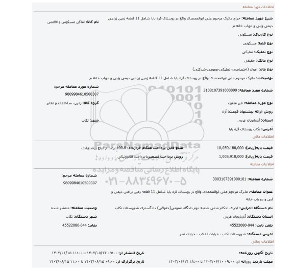 مزایده، ماترک مرحوم علی ابوالمحمدی واقع در روستای قره بابا شامل 11 قطعه زمین زراعی دیمی وابی و دوباب خانه م