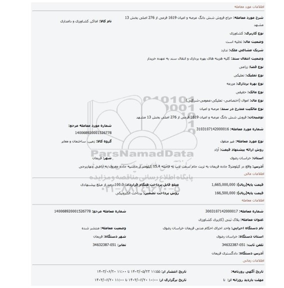 مزایده، فروش شش دانگ عرصه و اعیان 1619 فرعی از 276 اصلی بخش 13 مشهد