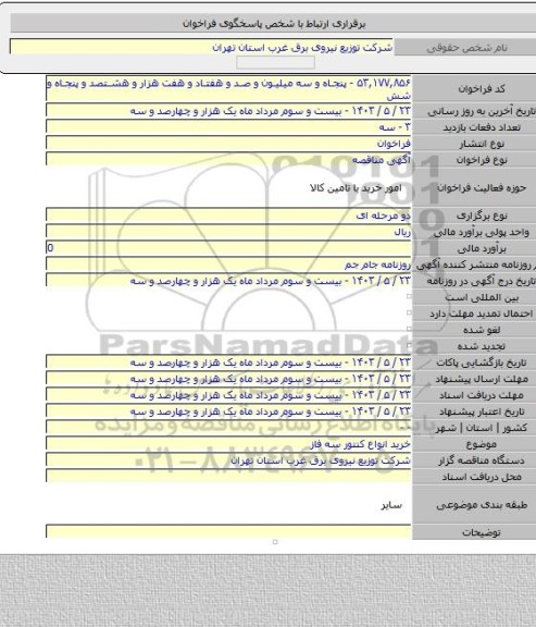 مناقصه, خرید انواع کنتور سه فاز