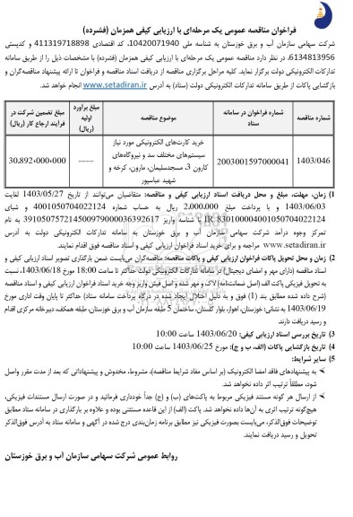 مناقصه خرید کارت های الکترونیکی سیستم های مختلف سد و نیروگاه های ...