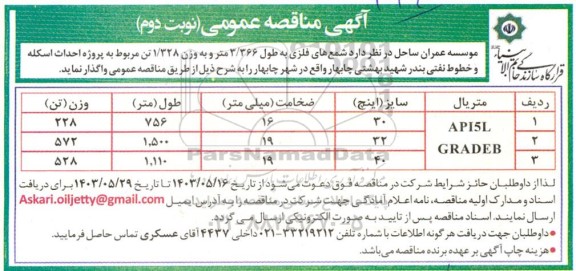 مناقصه  شمع های فلزی نوبت دوم