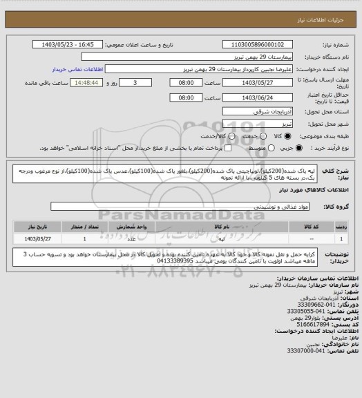 استعلام لپه پاک شده(200کیلو)،لوبیاچیتی پاک شده(200کیلو)،بلغور پاک شده(100کیلو)،عدس پاک شده(100کیلو)،از نوع مرغوب ودرجه یک،در بسته های 5 کیلویی،با ارائه نمونه