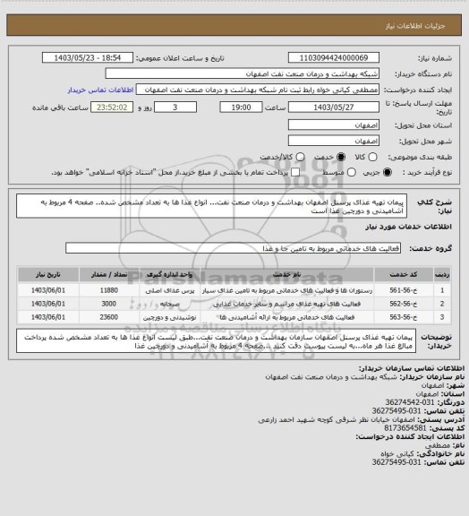 استعلام پیمان  تهیه غذای پرسنل اصفهان  بهداشت و درمان صنعت نفت... انواع غذا ها به تعداد مشخص شده.. صفحه 4 مربوط به آشامیدنی و دورچین غذا است