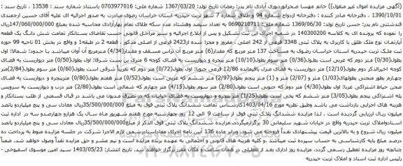 آگهی مزایده  شش دانگ یک قطعه آپارتمان نوع ملک طلق با کاربری به پلاک ثبتی 3348 فرعی از 242 اصلی ، مفروز و مجزا شده از2423 فرعی از اصلی