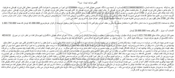 مزایده فروش ملک تحت پلاک ثبتی صفر فرعی از 3700 اصلی مفروز و مجزی شده