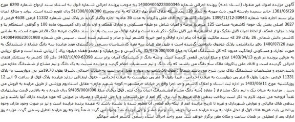 آگهی مزایده پلاک ثبتی شماره 11332 فرعی 4638 فرعی از 3027 اصلی بخش یک