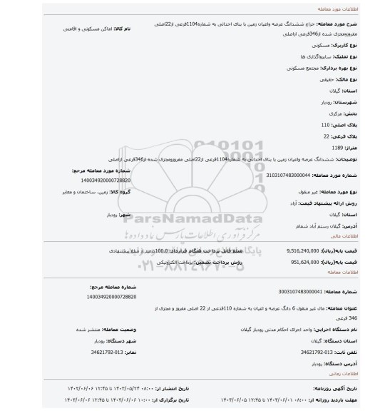 مزایده، ششدانگ عرصه واعیان زمین با بنای احداثی به شماره1104فرعی از22اصلی مفروزومجزی شده از346فرعی ازاصلی
