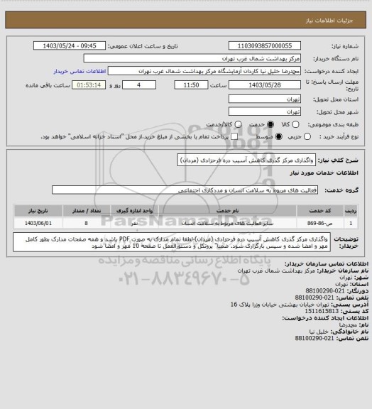 استعلام واگذاری مرکز گذری کاهش آسیب دره فرحزادی (مردان)