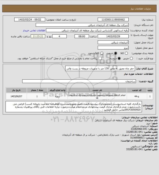 استعلام حفر چاه عمیق به عمق 130 متر با تجهیزات مربوطه در پست والی