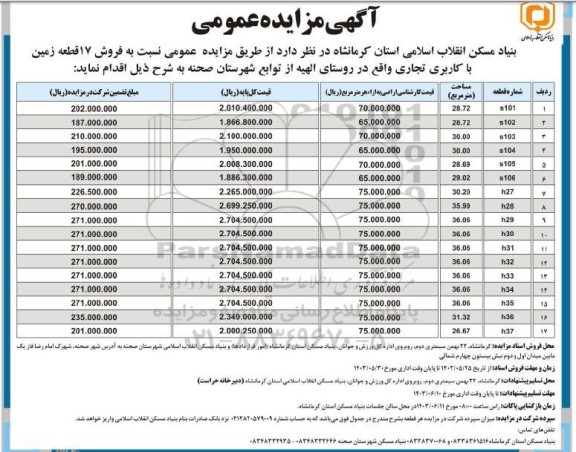  مزایده فروش 17 قطعه زمین با کاربری تجاری 