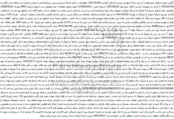 آگهی مزایده ، مقدار 13/5 سهم مشاع از 96 سهم ششدانگ یک قطعه خانه تحت پلاک ثبتی هجده هزار ونهصدو هشتاد فرعی از یک اصلی