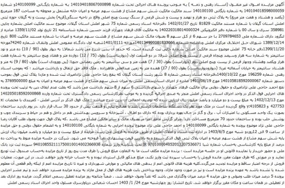 آگهی مزایده شش سهم مشاع از هشت سهم عرصه و اعیان خانه مشتمل بر محوطه به مساحت 187 مترمربع