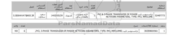 استعلام ترانسدیوسر تایپ P43 & 3-PHASE TRANSDUCER OF POWER NETWORK PARAMETERS, TYPE: P43, MFR:LUME