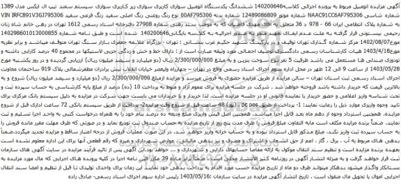 آگهی مزایده ششدانگ یکدستگاه اتومبیل سواری کاربری سواری زیر کاربری سواری سیستم سمند تیپ ال ایکس مدل 1389