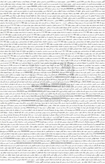 آگهی مزایده ششدانگ پلاک ثبتی 2190 فرعی از 10600 اصلی ، مفروز و مجزا شده از523 فرعی از اصلی