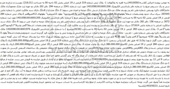 آگهی مزایده پلاک ثبتی شماره 319 فرعی از 19 اصلی بخش 02