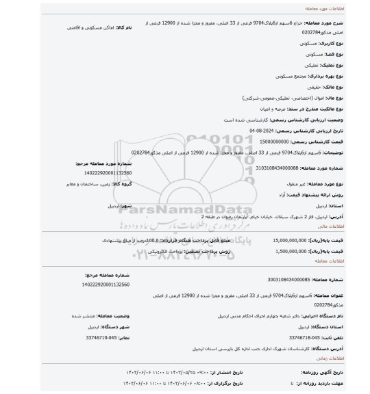 مزایده، 6سهم از6پلاک9704 فرعی از 33 اصلی، مفروز و مجزا شده از 12900 فرعی از اصلی مذکور0202784
