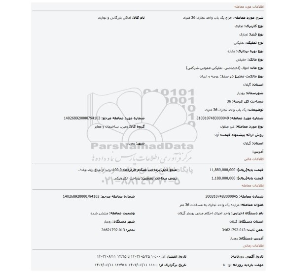 مزایده، یک باب واحد تجاری 36 متری